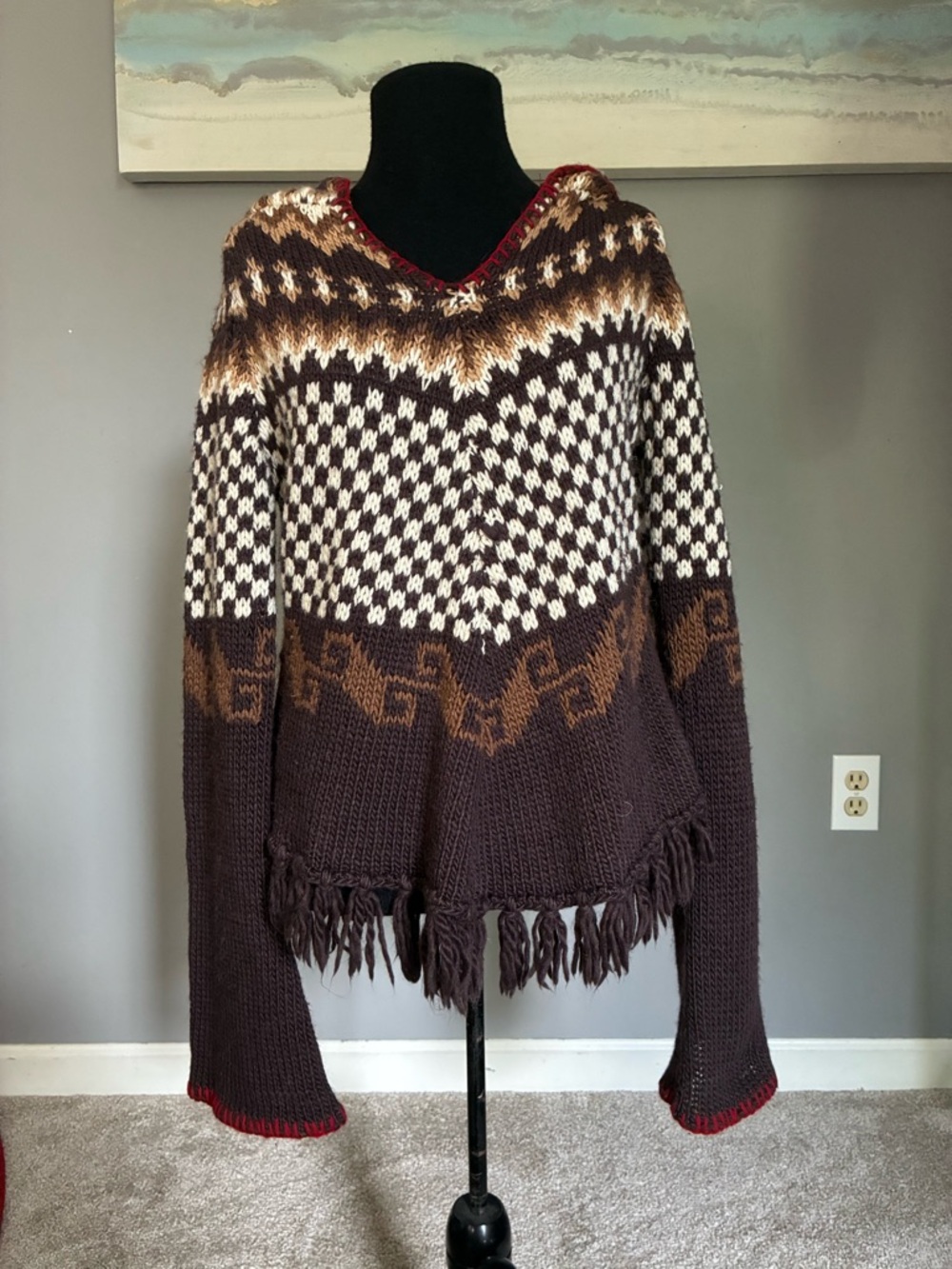 BDG Chunky Knit Hooded Fringe Sweater - Brown & Cream
